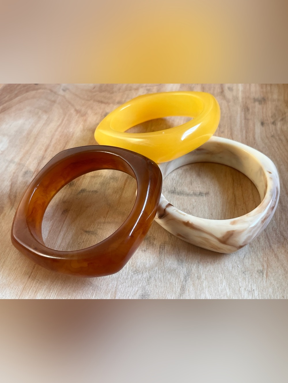 Set of 3 Resin Bangle Bracelets - Yellow, Amber, Cream Marble
